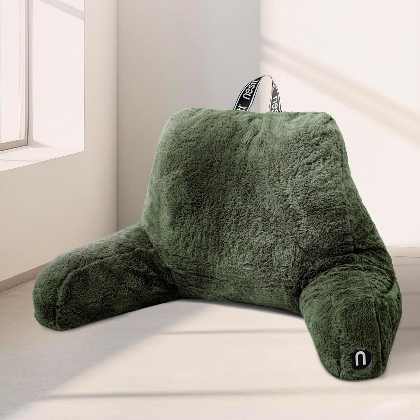 Nestl Fur Reading Pillow with Shredded Memory Foam, Stylish Back Pillow for Bed Sitting Up, Faux Fur Reading Pillows for Sitting in Bed Adult & Kids, Sit Up Back Support Pillow with Arms - Dark Grey