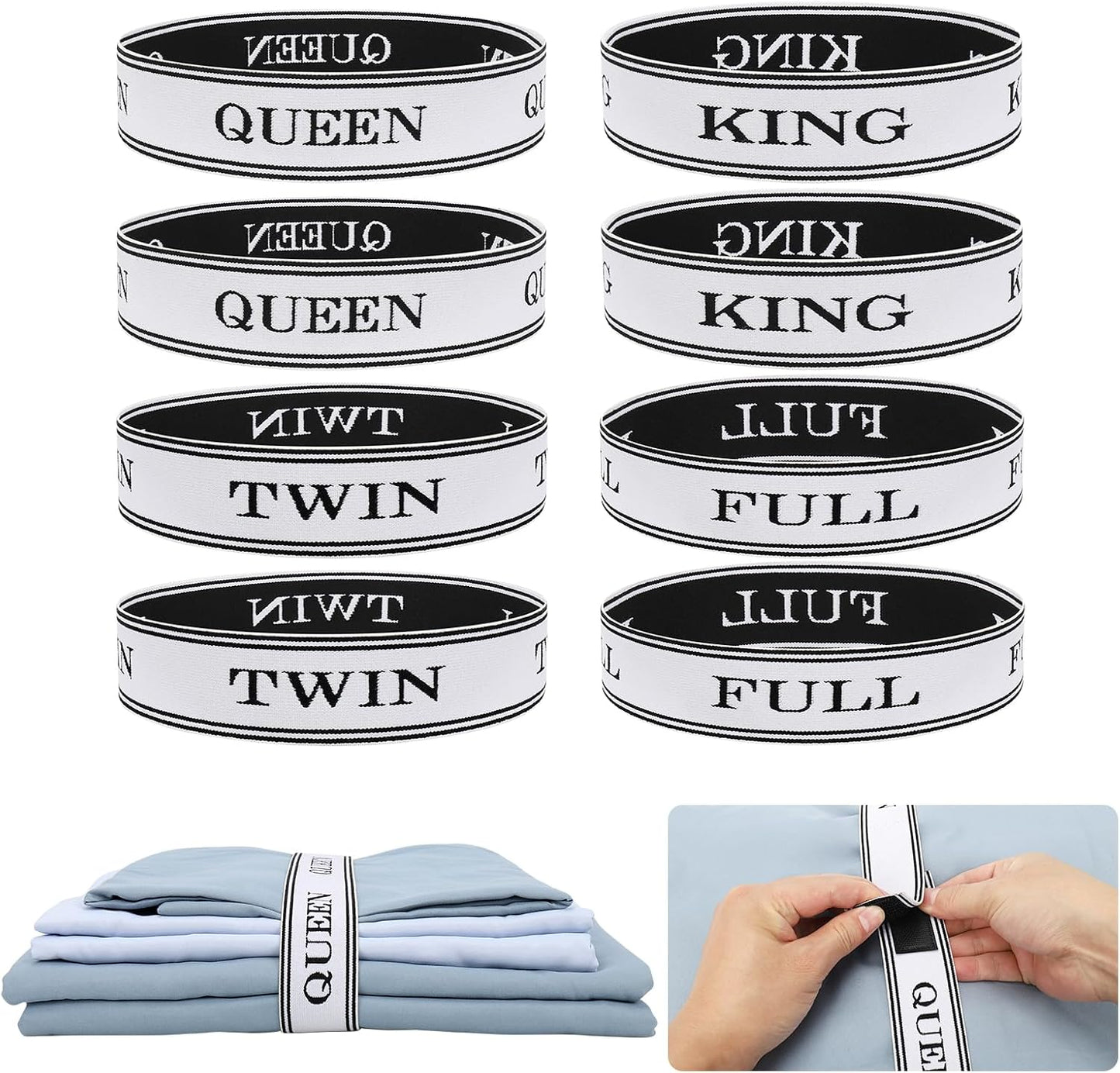 Bed Sheet Organizer Bands with Hook and Loop Adjustable Sheet Organizers and Storage Label Bands for Linen Closet-Elastic Bedding Sheet Keeper Straps for Bedsheet Sets (Queen 4PCs)
