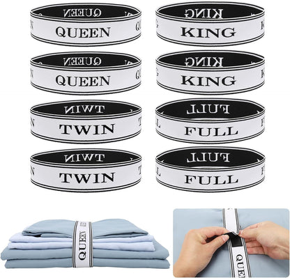 Bed Sheet Organizer Bands with Hook and Loop Adjustable Sheet Organizers and Storage Label Bands for Linen Closet-Elastic Bedding Sheet Keeper Straps for Bedsheet Sets (Queen 4PCs)
