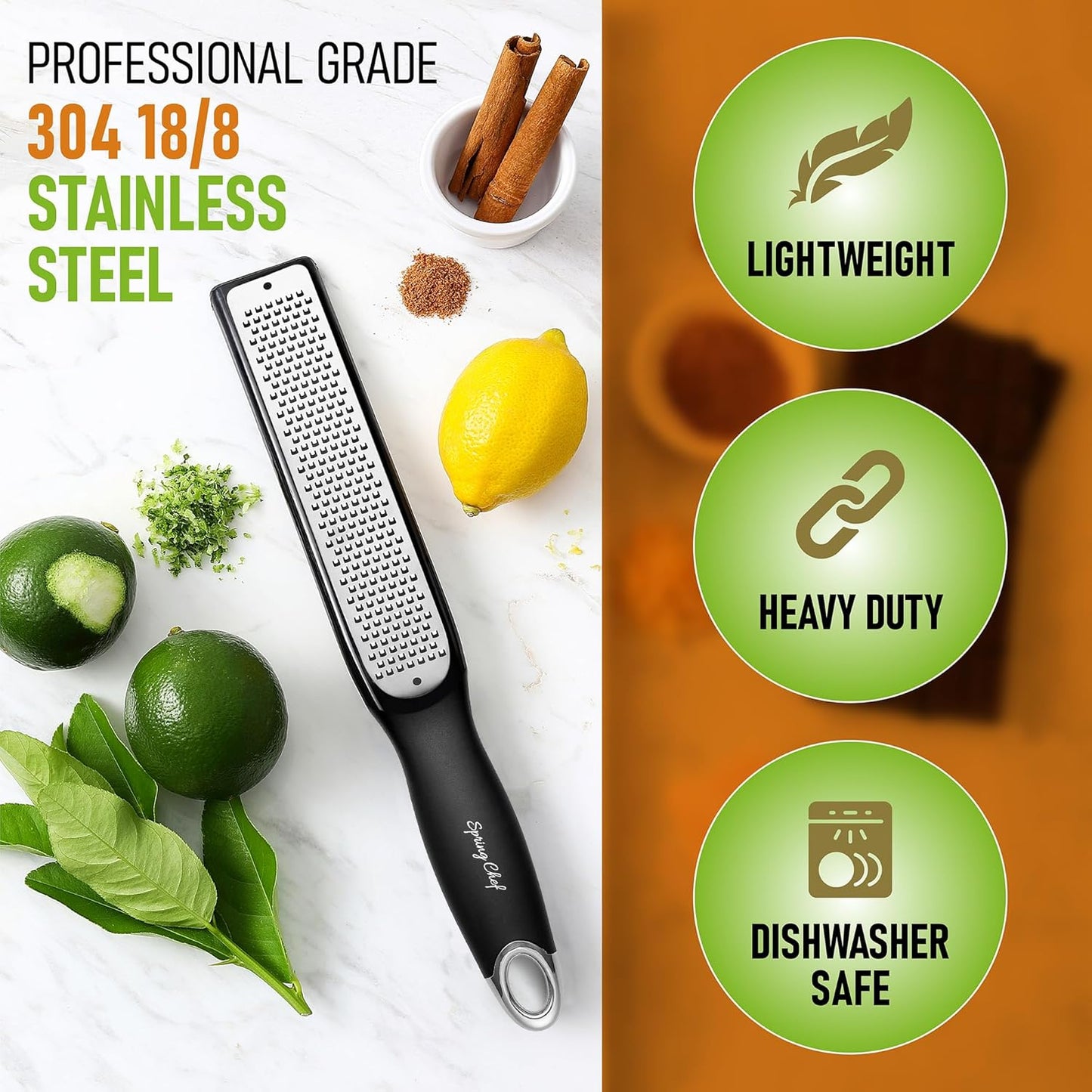 Spring Chef Stainless Steel Lemon Zester - Garlic & Ginger Grater - Gray | Premium Zester with Blade Cover, Cheese Grater with Handle for Parmesan, Nutmeg, Lime - Durable Citrus Zester, Fine Shred