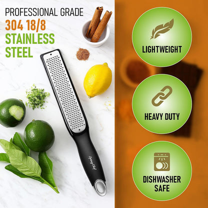 Spring Chef Stainless Steel Lemon Zester - Garlic & Ginger Grater - Gray | Premium Zester with Blade Cover, Cheese Grater with Handle for Parmesan, Nutmeg, Lime - Durable Citrus Zester, Fine Shred