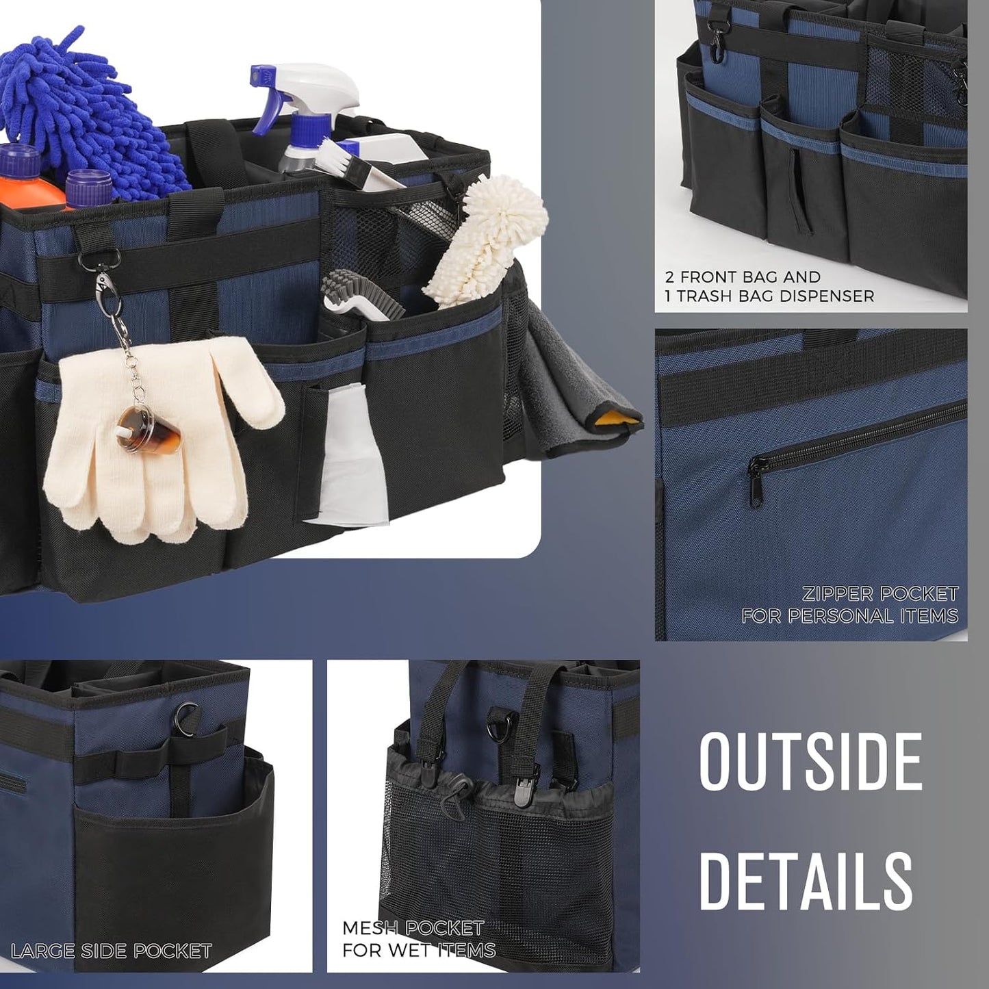 SCAVATA Wearable Cleaning Caddy, Cleaning Caddy Supplies Organizer with Handle & Shoulder Straps for Housekeepers, Under Sink & Car Cleaning Tool Organizers Bag with 4 Foldable Divider (NavyBlue)