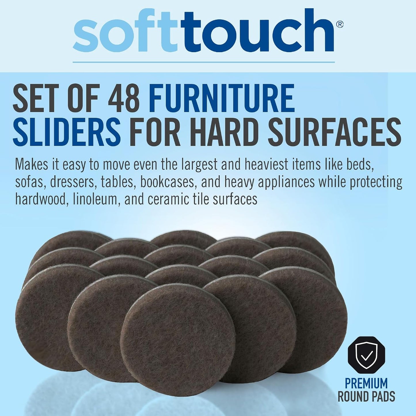 SoftTouch Assorted Size Round Mini Self-Stick Furniture Slider Felt Pads for Hard Surfaces, Noise-Reducing Adhesive Furniture Moving Pads for Beds, Sofas, Dressers, 46-Count, Brown