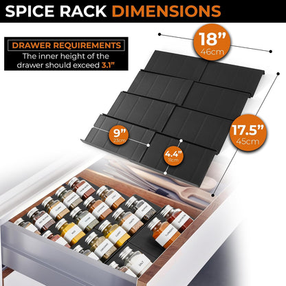 ALCOVA Spice Drawer Organizer Expandable 9-18" Black (Jars Not Included) | Black 4-tier expandable spice drawer organizer 9-18". Holds 16-32 4oz jars. Tool-free custom kitchen cabinet storage