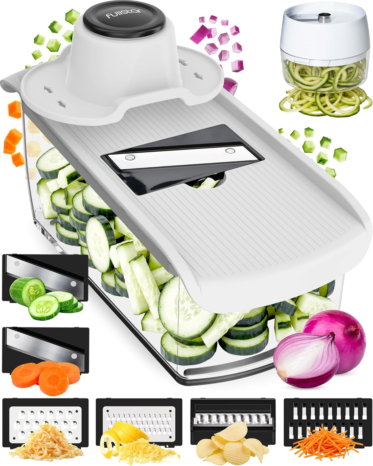 Fullstar Pro Mandoline Vegetable Slicer, Grater & Spiralizer with Container | 6 in 1 Fruit Cutter, Cheese Grater & Spiralizer with Safety Gloves, Stainless Steel Blades & Container (Black)
