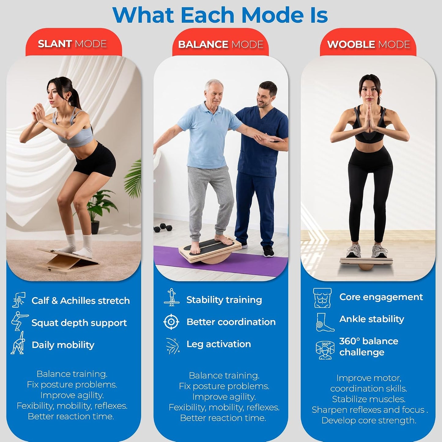 Slant Board for Exercise, 3-in-1 Wooden Calf Stretcher, Rocker Balance Board and 360° Wobble Board, 5 Adjustable Angles, Anti-Slip Surface, Training Poster Included