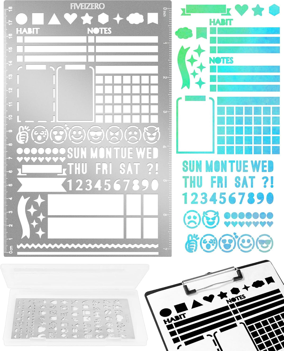 5x7.5 Inch Metal Journal Stencils, Stainless Steel Stencil Bookmark for Bullet Journaling, Reusable Planner Stencils with Faces & Icons for Habit Tracker, Calendar, Diary, Banners, Lists, Scrapbooking