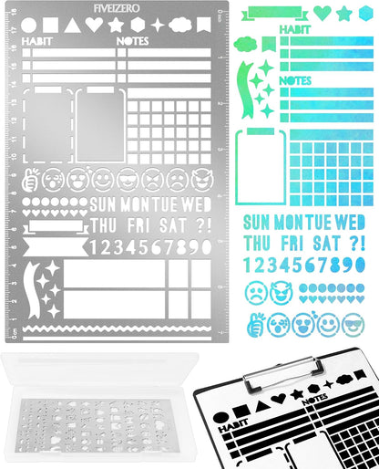 5x7.5 Inch Metal Journal Stencils, Stainless Steel Stencil Bookmark for Bullet Journaling, Reusable Planner Stencils with Faces & Icons for Habit Tracker, Calendar, Diary, Banners, Lists, Scrapbooking