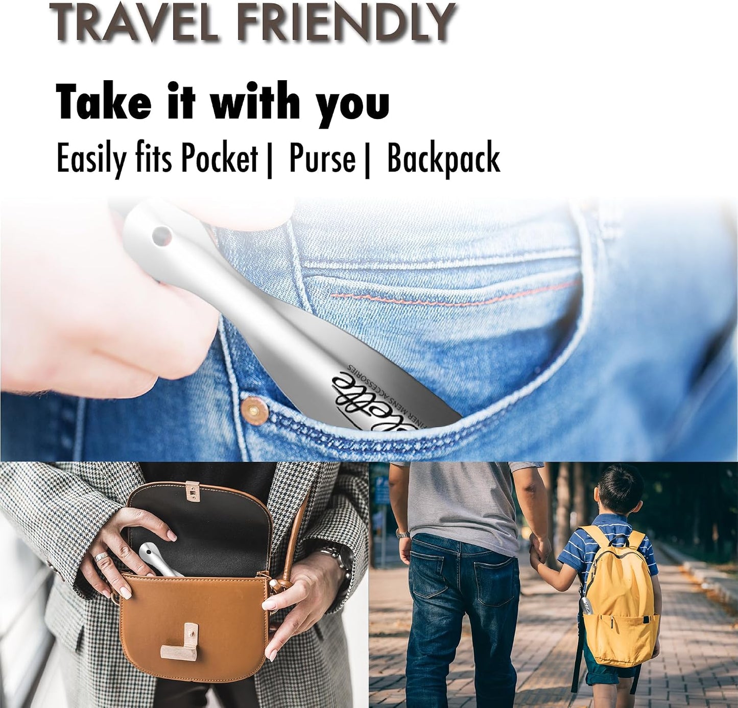 Metal Shoe Horn Long Handle for Seniors - Stainless Steel 2 Pack | 16.5 in + 7.5 in Travel Size, Shoehorn Fits Boots Sneakers Dress, Men Women Kids Elderly, Calzador de Zapatos, Helper Tool