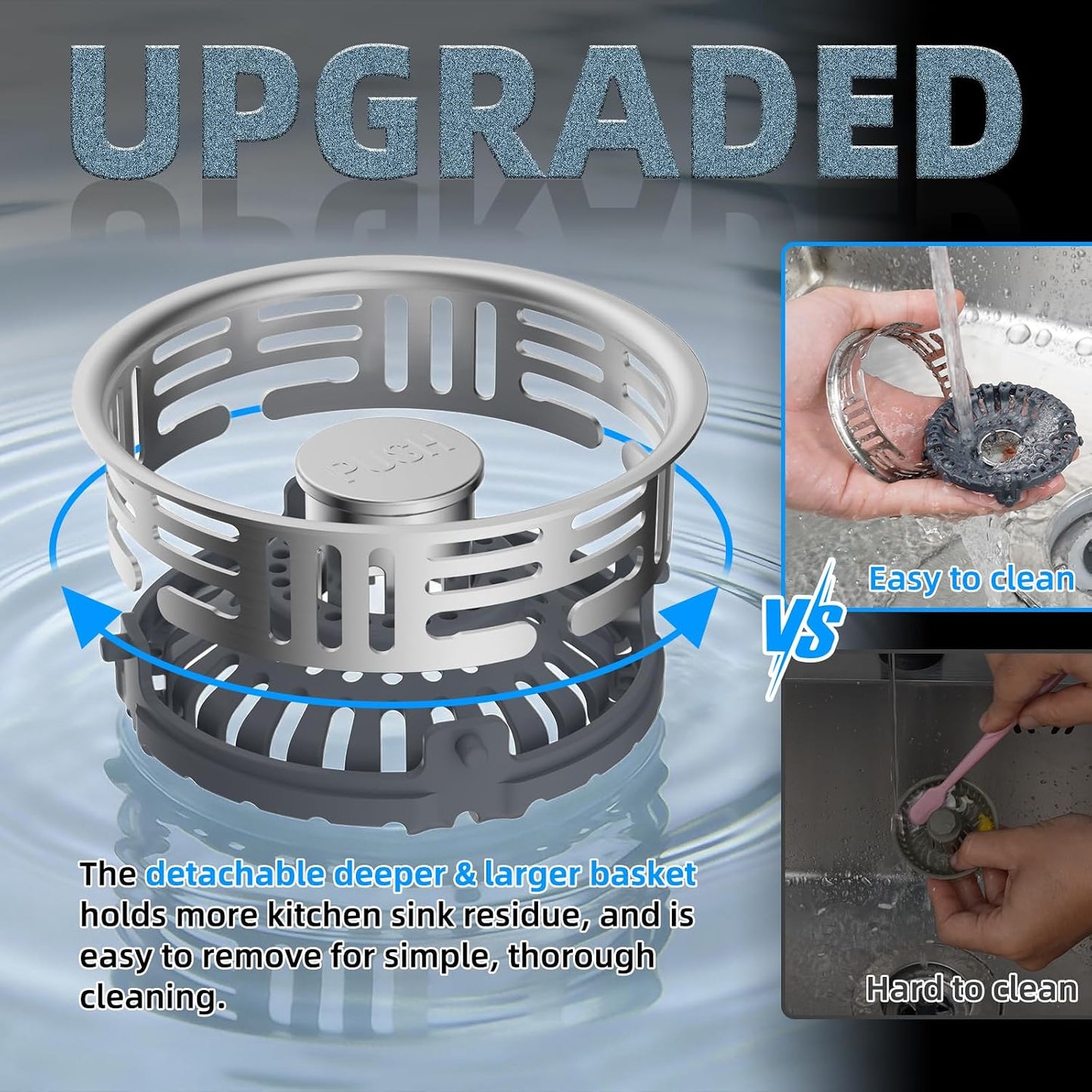 Hibbent 3 in 1 Kitchen Sink Drain Strainer, Metal Pop Up Stopper | Larger Anti-Clogging Basket, 3-Layer Seal, Detachable Sink Drain Plug for US Standard 3-1/2" Drain, Brushed Stainless Steel