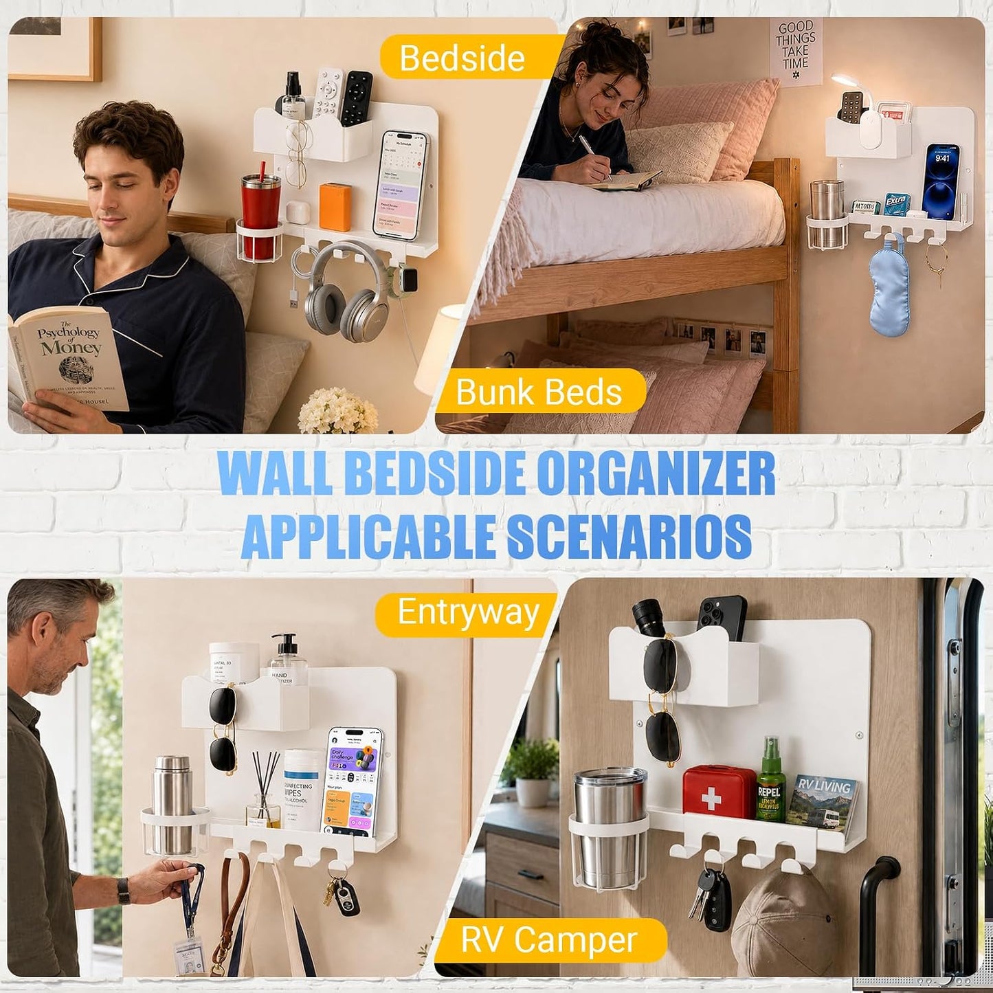 Metal Bedside Wall Shelf, No Drill Floating Bedside Shelf Wall Organizer | Bedside Wall Shelf with Detachable Cup Holder for Bedroom, Dorm, Nightstand Alternative, Bunk Bed Accessories & RV Storage
