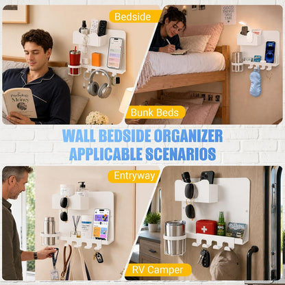 Metal Bedside Wall Shelf, No Drill Floating Bedside Shelf Wall Organizer | Bedside Wall Shelf with Detachable Cup Holder for Bedroom, Dorm, Nightstand Alternative, Bunk Bed Accessories & RV Storage