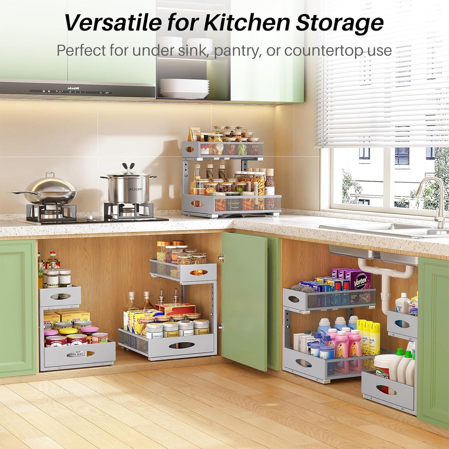 Under Sink Organizer, 2-Pack Pull Out Cabinet Organizer 2 Tier Metal Slide Out Storage Shelf Rack, L-Shaped Adjustable Height,Mesh Sliding Drawer for Kitchen, Bathroom, Laundry, Pantry, White, XL