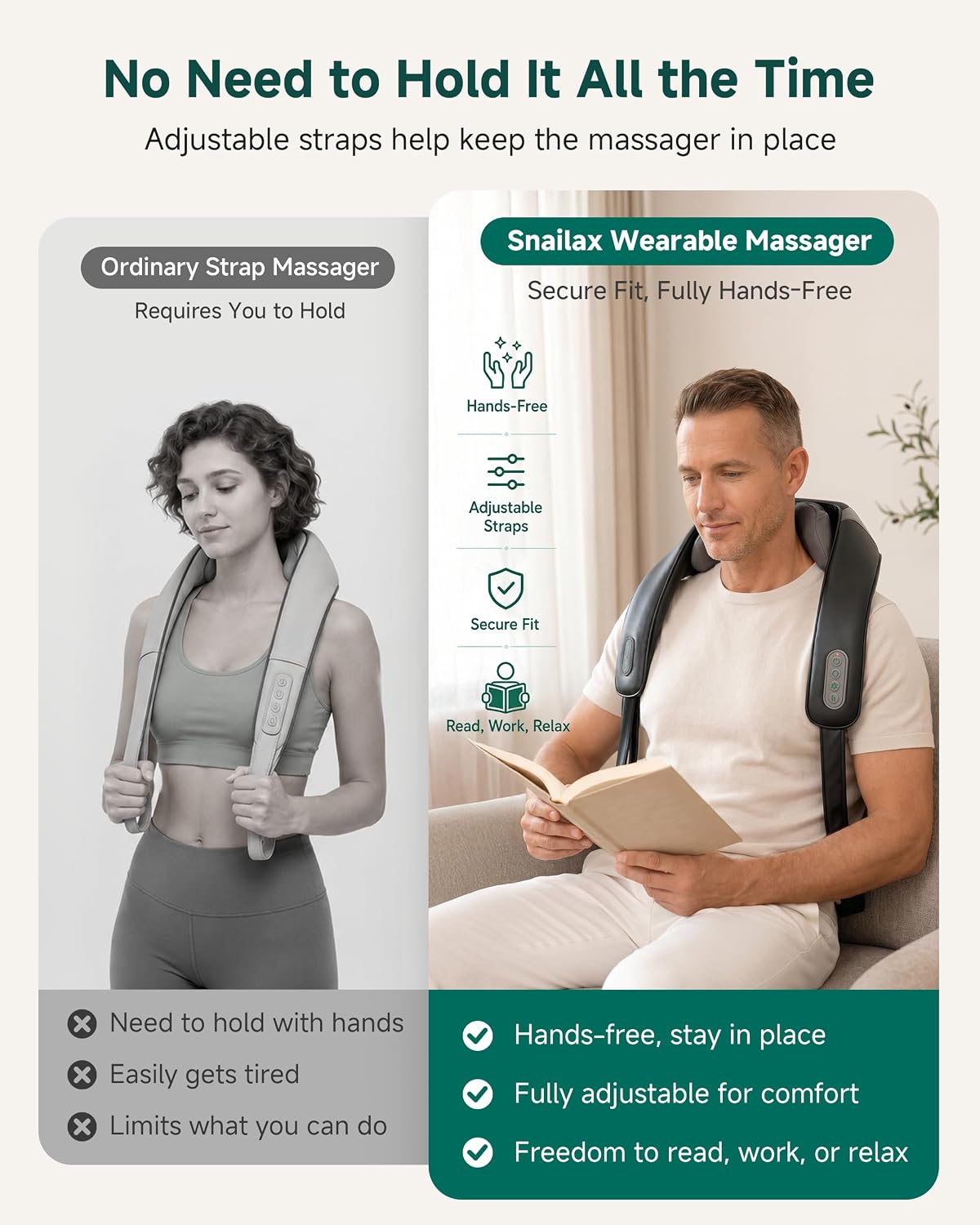 Snailax Cordless Neck & Shoulder Massager with Kneading, Heat, USB-C
