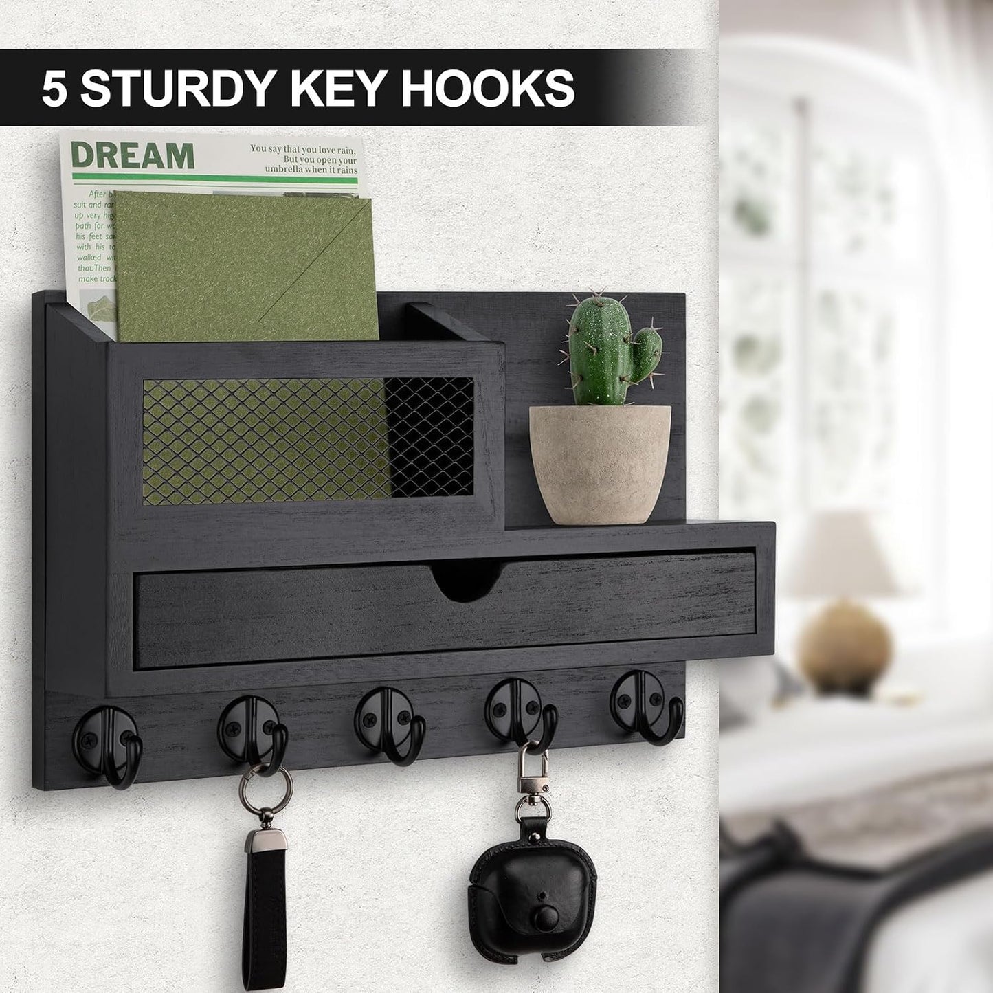 Key Holder for Wall with 5 Key Hooks and Storage Drawer | Key Holder Wall Mount, Mail Organizer for Entryway Living Room Farmhouse Home Decor