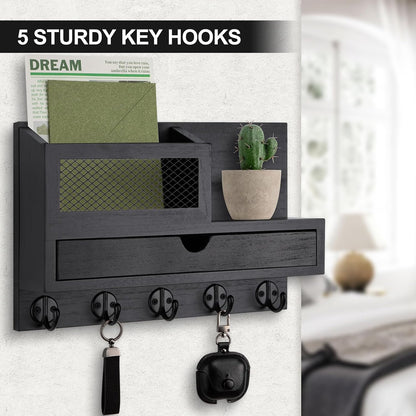Key Holder for Wall with 5 Key Hooks and Storage Drawer | Key Holder Wall Mount, Mail Organizer for Entryway Living Room Farmhouse Home Decor