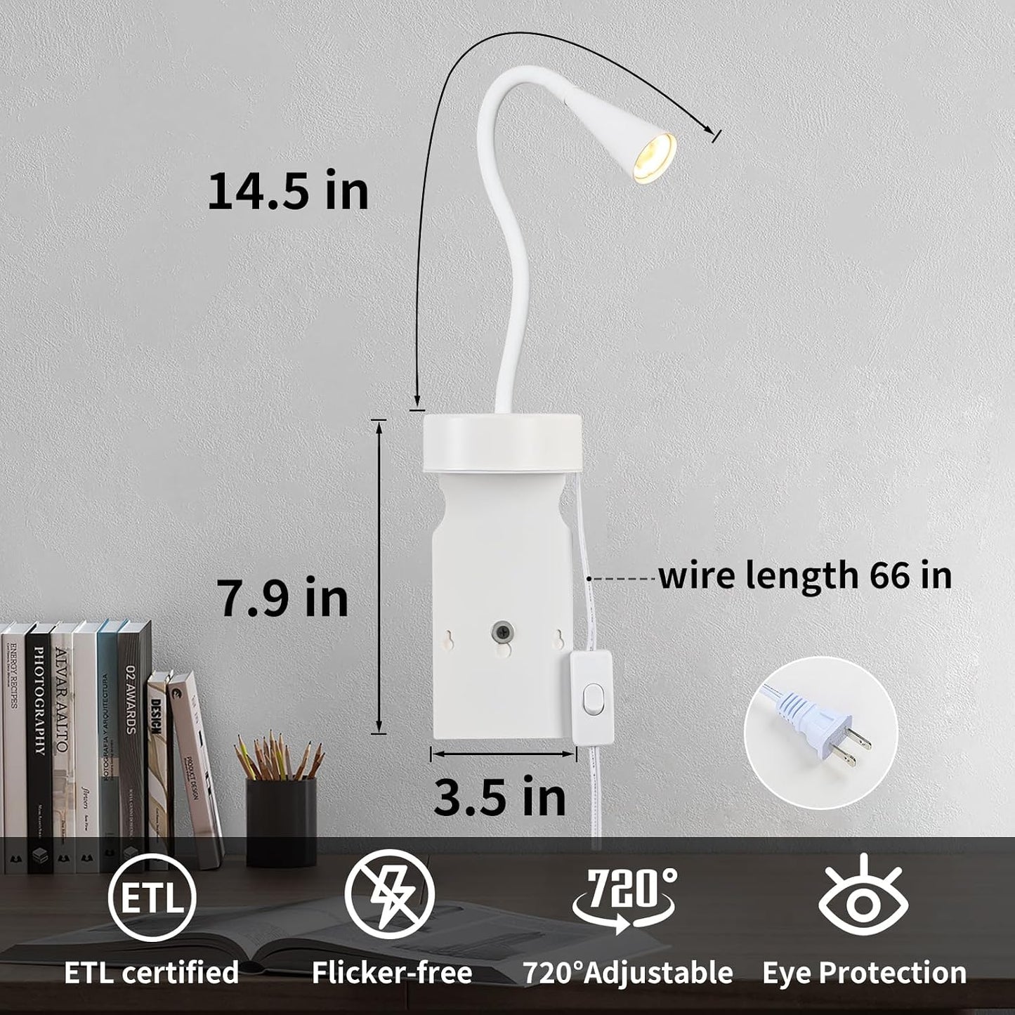 Black Headboard Reading Light, No Drilling Wall Mounted Reading Lights for Bedside, Book Light for Bedtime Reading, Buttonless Dimmable Reading Lamp, Movable Gooseneck Reading Sconces for Bedroom