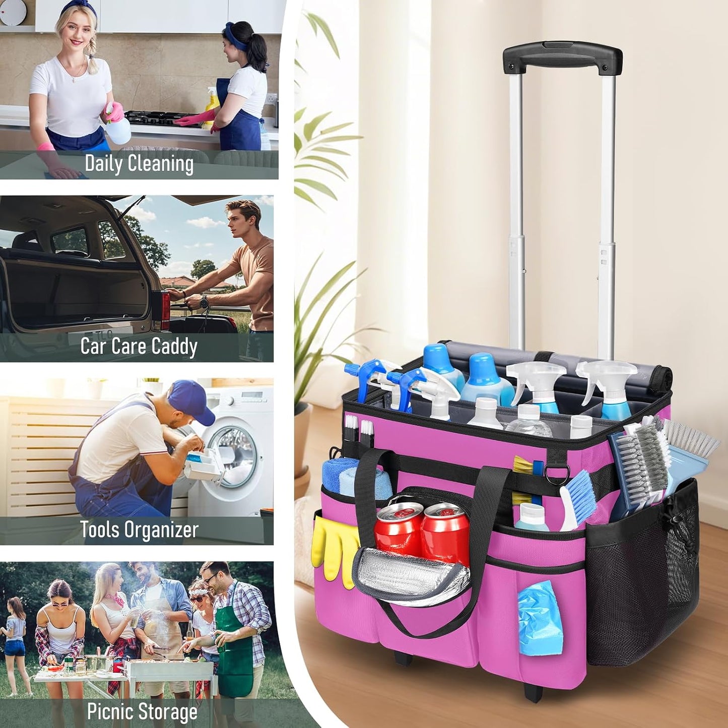 Ytonet Cleaning Caddy with Wheels, Extra Large Rolling Cleaning Caddy Bag | with Detachable Trolley for Housekeepers, Water Resistant Cleaner Supplies Organizer with Wheels for Kitchen, Tool Organizer