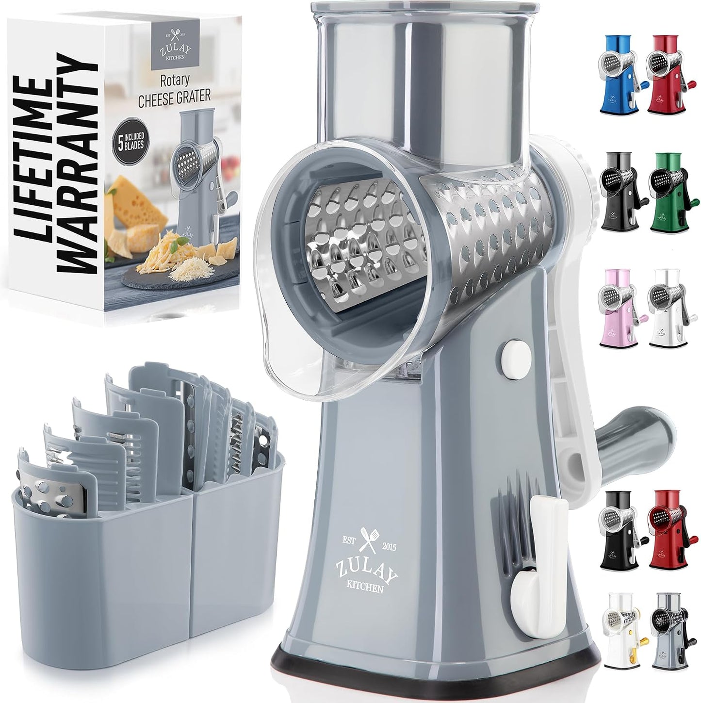 Zulay Kitchen Rotary Cheese Grater 5 Blade Cheese Shredder - Manual Hand Crank Cheese Grater With Reinforced Suction & 5 Interchangeable Drums - Easy to Use, Vegetable Chopper Round Mandoline Slicer - Colors B