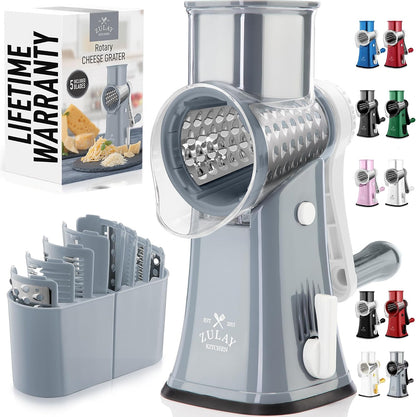 Zulay Kitchen Rotary Cheese Grater 5 Blade Cheese Shredder - Manual Hand Crank Cheese Grater With Reinforced Suction & 5 Interchangeable Drums - Easy to Use, Vegetable Chopper Round Mandoline Slicer - Colors B