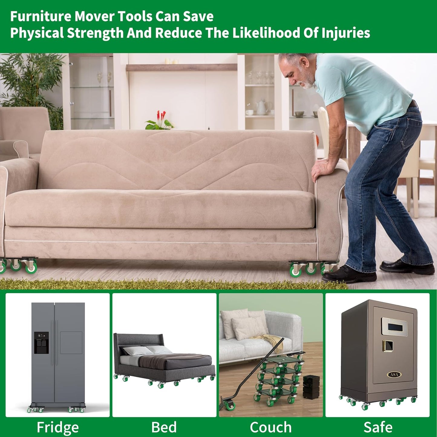 Heavy Duty Furniture Dolly 360 Rotate 5 Wheels 3000 Lbs Capacity 5.3x5.3 in | Furniture Movers with Green Wheels, Measure Tape & Leveler, Alloy Steel Furniture Lifter Tool for Smooth Home & Office Uses