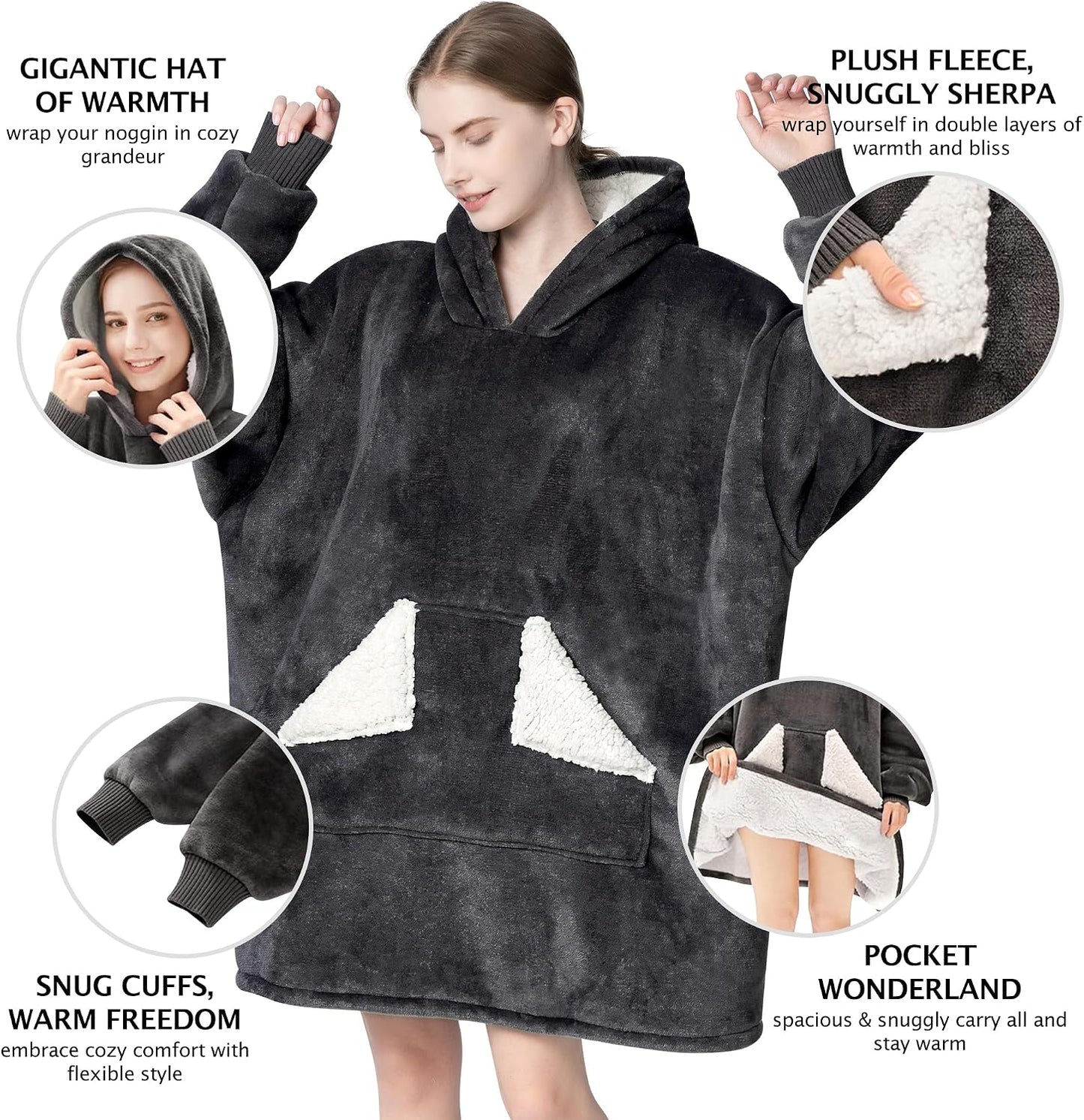 Wearable Blanket Hoodie, Oversized Sherpa Fleece Sweatshirt Blanket with Giant Hood Pocket and Sleeves for Adult, Warm & Cozy Grey Blanket Gifts for Women