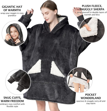 Wearable Blanket Hoodie, Oversized Sherpa Fleece Sweatshirt Blanket with Giant Hood Pocket and Sleeves for Adult, Warm & Cozy Grey Blanket Gifts for Women