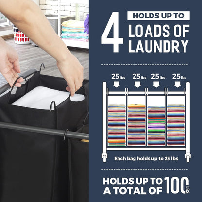 STO STO Laundry Sorter 3 Section, 3 Bag Clothes Hamper, Rolling Laundry Cart Basket with Heavy Duty Lockable Wheels and Removable Bag for Laundry Room, Bedroom, Closet, Black