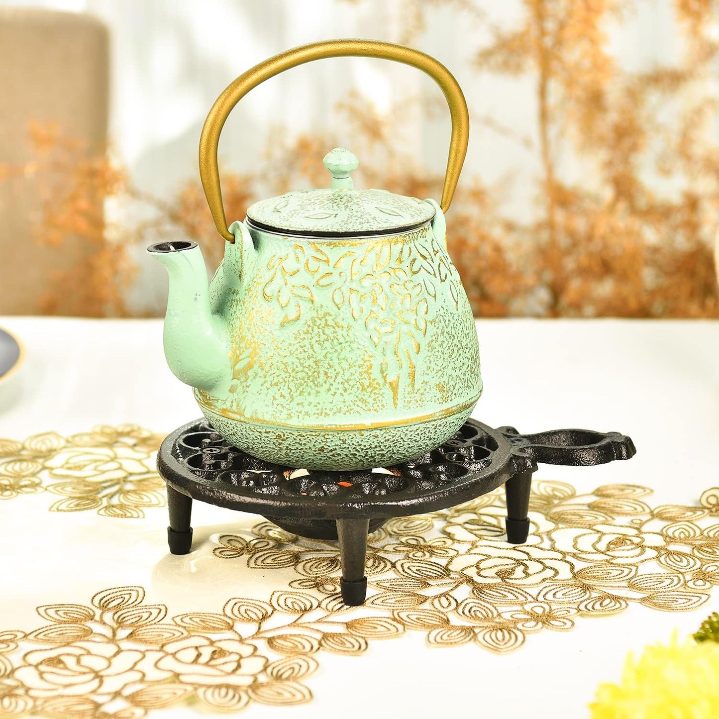 Sungmor Cast Iron Teapot Warmer - Rustic Design with Tealight Holder | Heavy Duty & Decorative Candle Holder Stands for Heat Food Coffee Milk or Tea