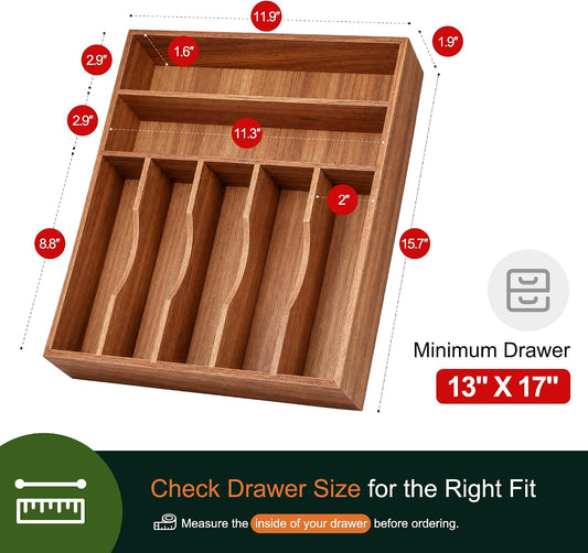 Expandable Bamboo Kitchen Drawer Organizer for Cutlery and Utensils, Adjustable Bamboo Wood Cutlery Tray in Drawer for Flatware and Silverware in Kitchen, (Natural)