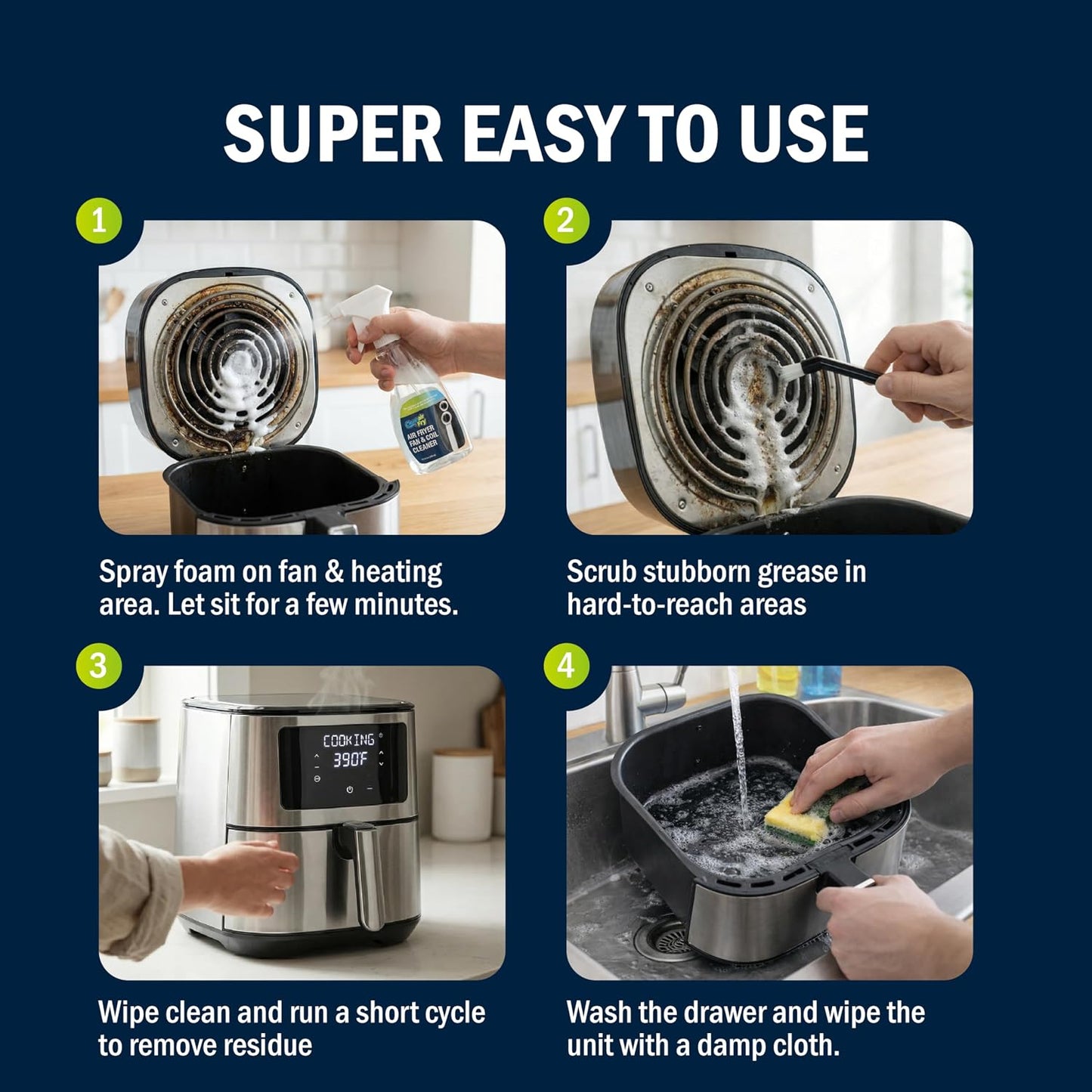 Air Fryer Cleaner and Degreaser. 6 Powder Sachets with Brush. Cuts Grease, Burnt Food and Odors. For Basket, Drawer, Grill and Crisper Plate. Nonstick Safe