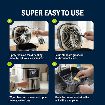 Air Fryer Cleaner and Degreaser. 6 Powder Sachets with Brush. Cuts Grease, Burnt Food and Odors. For Basket, Drawer, Grill and Crisper Plate. Nonstick Safe