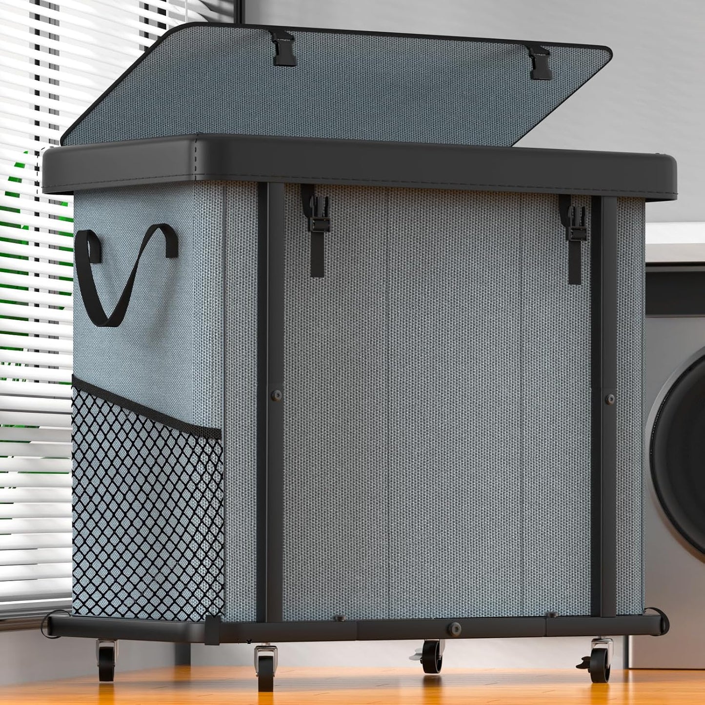Laundry Hamper with Wheels,150L Leather Patchwork Clothes Hamper Black | Rolling Laundry Basket with Sturdy Metal Frame, Removable Washable Bag,Tall Clothes Sorter for Bedroom, Laundry Room, Dorm