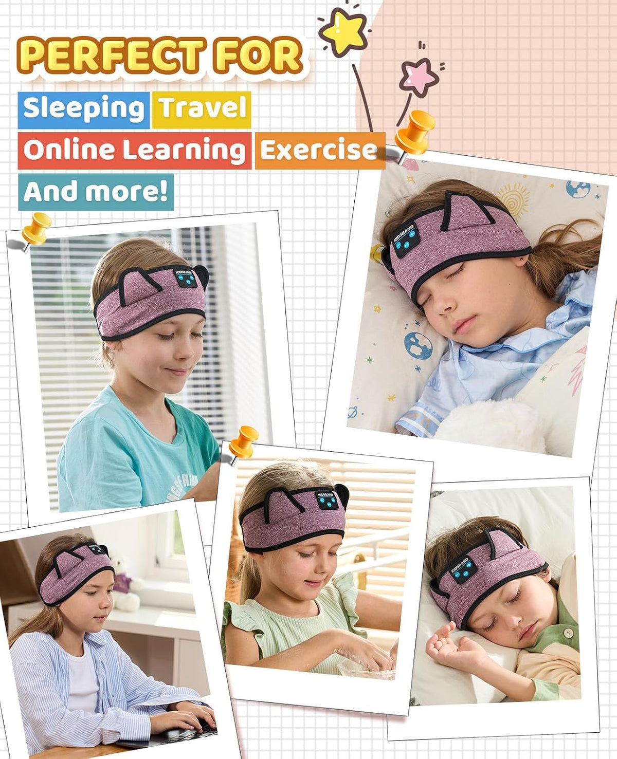 KIDSBAND Kids Bluetooth Headphones, Sleep Headband [Wireless & Wired Playback 2in1] Foldable Headphones for School/Travel/Tablet/Sleep