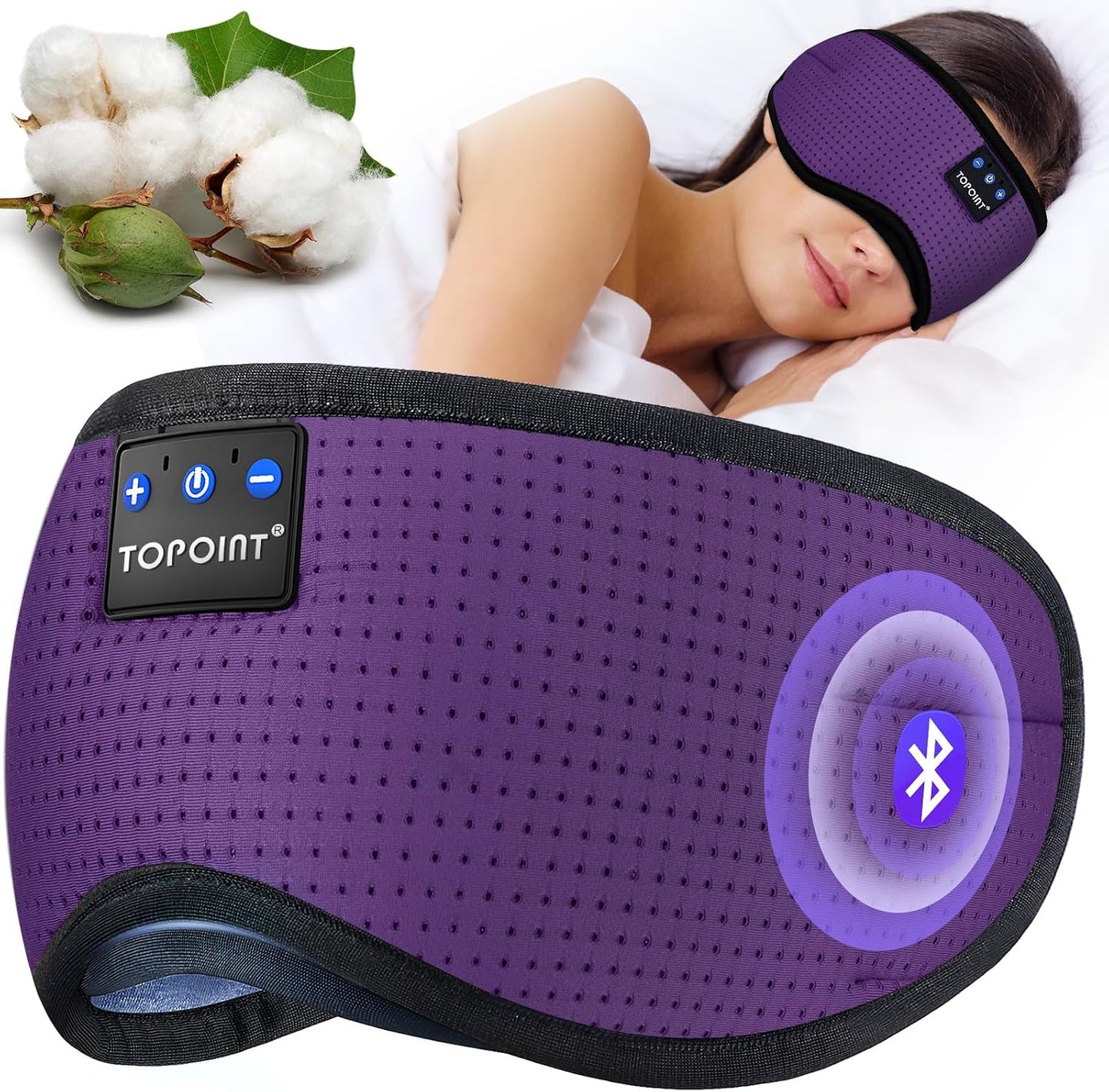 TOPOINT Sleep Mask Headphones Bluetooth Wireless 5.4, Breathable Cotton Eye Mask for Sleeping Side Sleepers Travel Music Headsets with Microphone Handsfree Men Women