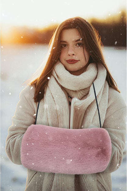 Faux Fur Hand Muff for Women Winter Hand Warm Warmer with PU Leather Strap