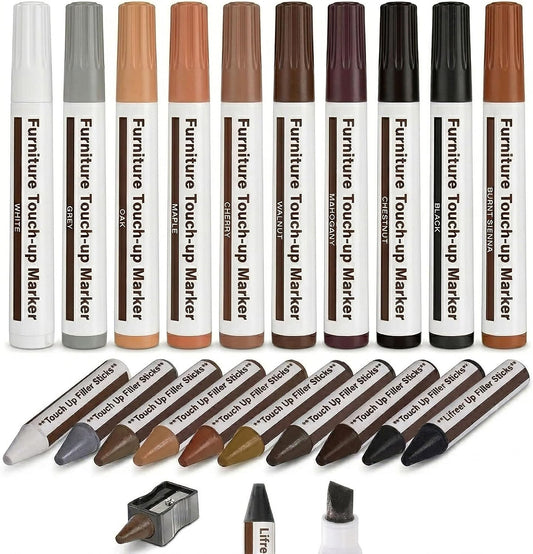 Furniture Markers Touch Up Kit, 21 Pcs Wood Scratch Repair Kit with 10 Color Touch Up Pens, Wax Filler Sticks & Sharpener for Wood Floors, Cabinets, Tables, Desks & Bedposts
