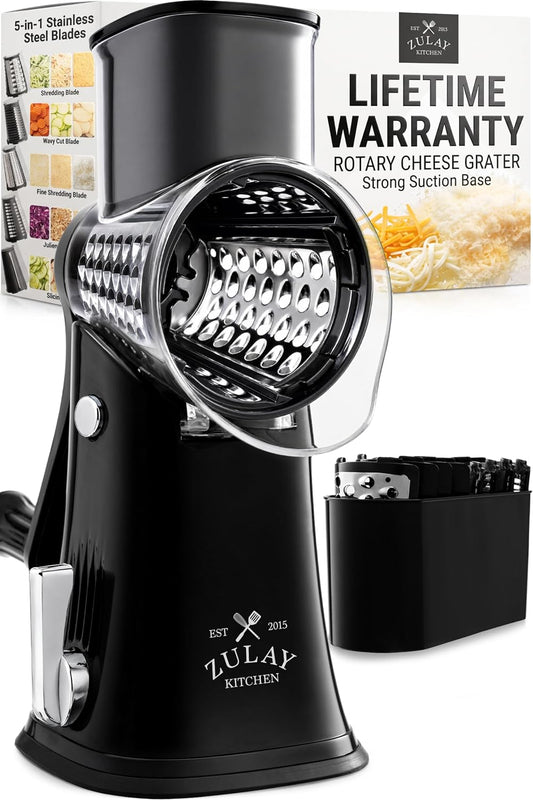 Zulay Kitchen Rotary Cheese Grater 5 Blade Cheese Shredder - Manual Hand Crank Cheese Grater With Reinforced Suction & 5 Interchangeable Drums - Easy to Use, Vegetable Chopper Round Mandoline Slicer - Colors A