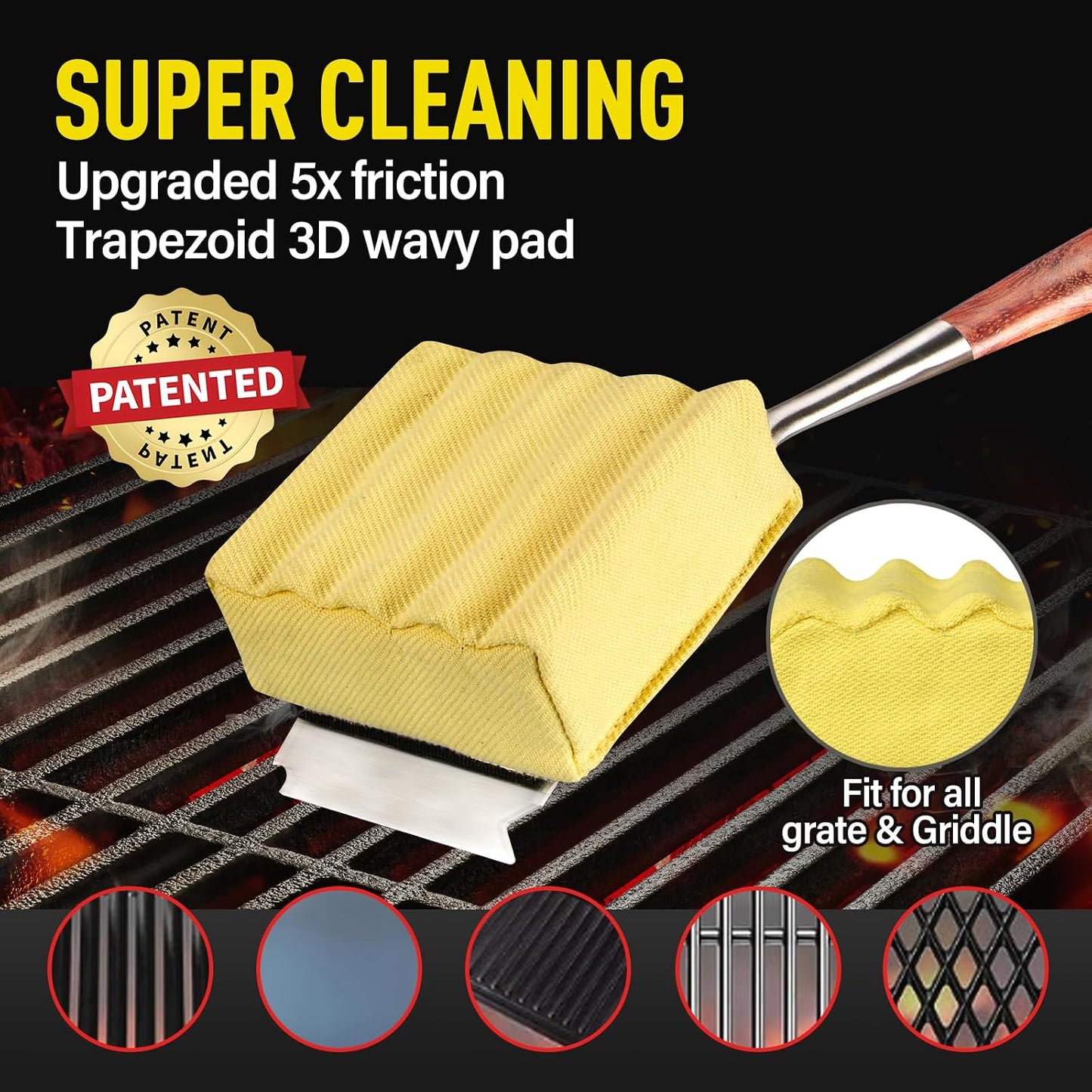 Bristle-Free Steam Cleaning Grill Brush Kit – Luxurious Long Rosewood Handle, Includes 1 Replacement Head – Safe BBQ Grill Cleaning for Outdoor Grill – Great Gift for Men/Dad