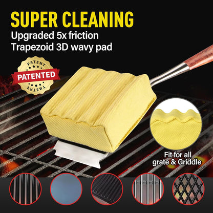 Bristle-Free Steam Cleaning Grill Brush Kit – Luxurious Long Rosewood Handle, Includes 1 Replacement Head – Safe BBQ Grill Cleaning for Outdoor Grill – Great Gift for Men/Dad