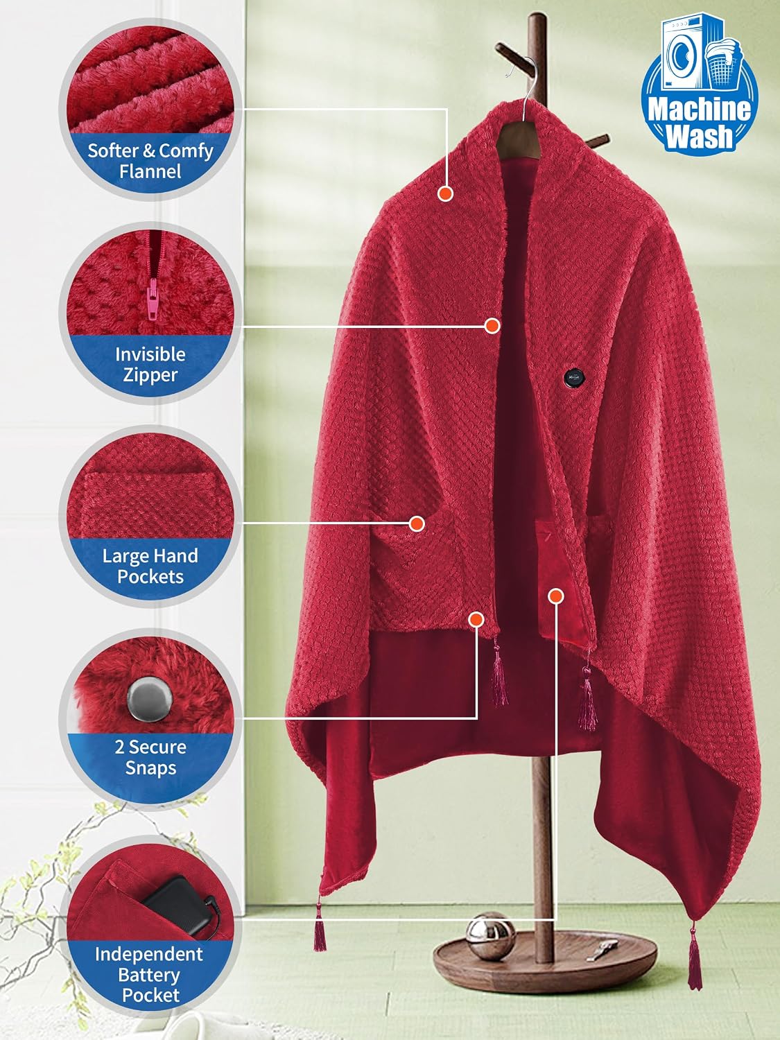 Heated Blanket Throw Battery Operated, Portable Wearable Heat Shawl Poncho | Cordless&Wearable,With 20000mAh Battery and 3 Heat Modes,Electric Heat Outdoor Camping Blanket for Stadium,Traveling,Picnics