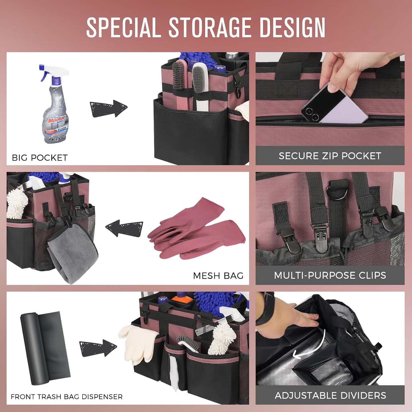 SCAVATA Wearable Cleaning Caddy, Cleaning Caddy Supplies Organizer with Handle & Shoulder Straps for Housekeepers, Under Sink & Car Cleaning Tool Organizers Bag with 4 Foldable Divider (NavyBlue)