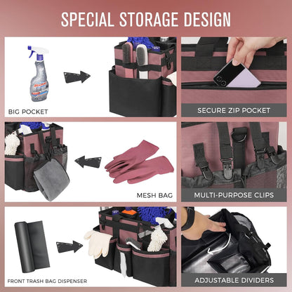 SCAVATA Wearable Cleaning Caddy, Cleaning Caddy Supplies Organizer with Handle & Shoulder Straps for Housekeepers, Under Sink & Car Cleaning Tool Organizers Bag with 4 Foldable Divider (NavyBlue)