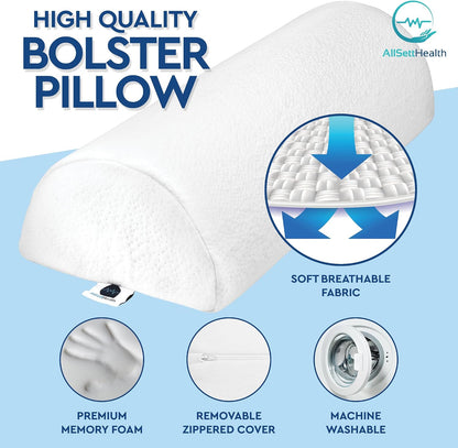 AllSett Health Large Half Moon Bolster Pillow for Legs, Knees, Lower Back and Head, Lumbar Support Pillow for Bed, Sleeping | Semi Roll for Ankle and Foot Comfort - Machine Washable Cover, White