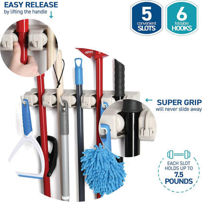 HOME IT Broom and Mop Holder Wall Mount – Heavy Duty Garage Organizer with 5 Slots & 6 Hooks, 7.5lbs Capacity Per Slot - Easy Install Storage Rack for Home, Kitchen, Laundry Room & Garden - Off-White