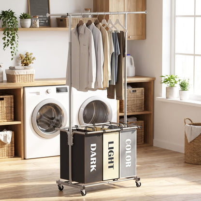 Simple Houseware Laundry Sorter Cart with Hanging Rod, Silver | Extendable Width from 30.25 to 49.25", Removable 3-Section Laundry Basket