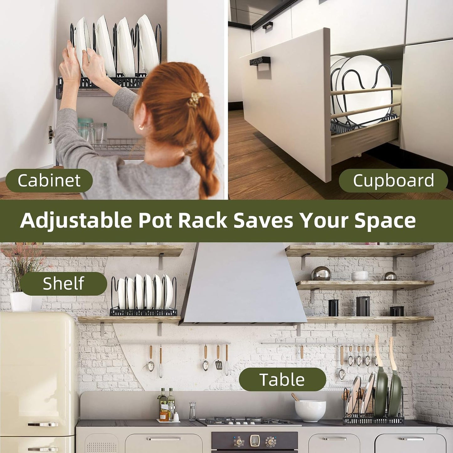 ROOHUA Pot and Pan Lid Organizer Rack for Under Cabinet, 12"-23" Expandable | 10 Adjustable Dividers, Holds Pan Lids, Cookware & Bakeware, Creates Tidy Cabinet Storage, Durable Metal, Bronze