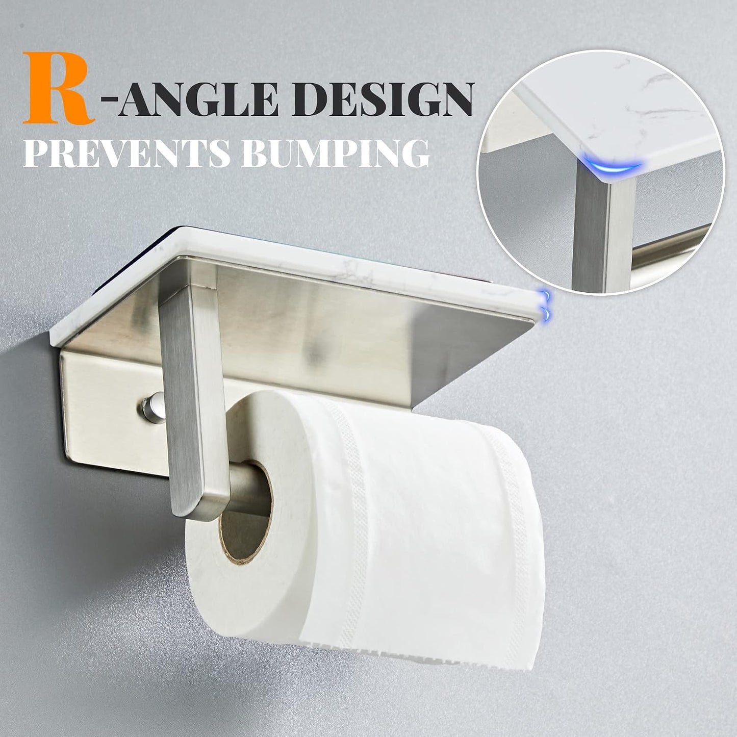 Brushed Nickel Toilet Paper Holder with Marble-Look Shelf, Wall Mounted SUS304 Stainless Steel Toilet Roll Holder with Phone Storage
