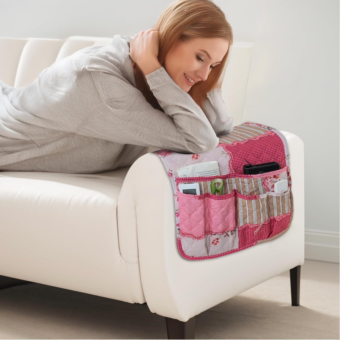 Armchair Caddy for Couch Remote Control Holder with 4 Pockets, Grey 1 Pack | Non-slip, Waterproof, Sofa Armset Organizer, Couch Chair Armrest Storage for TV Remote Control Phone Book Magazine 35"x13"
