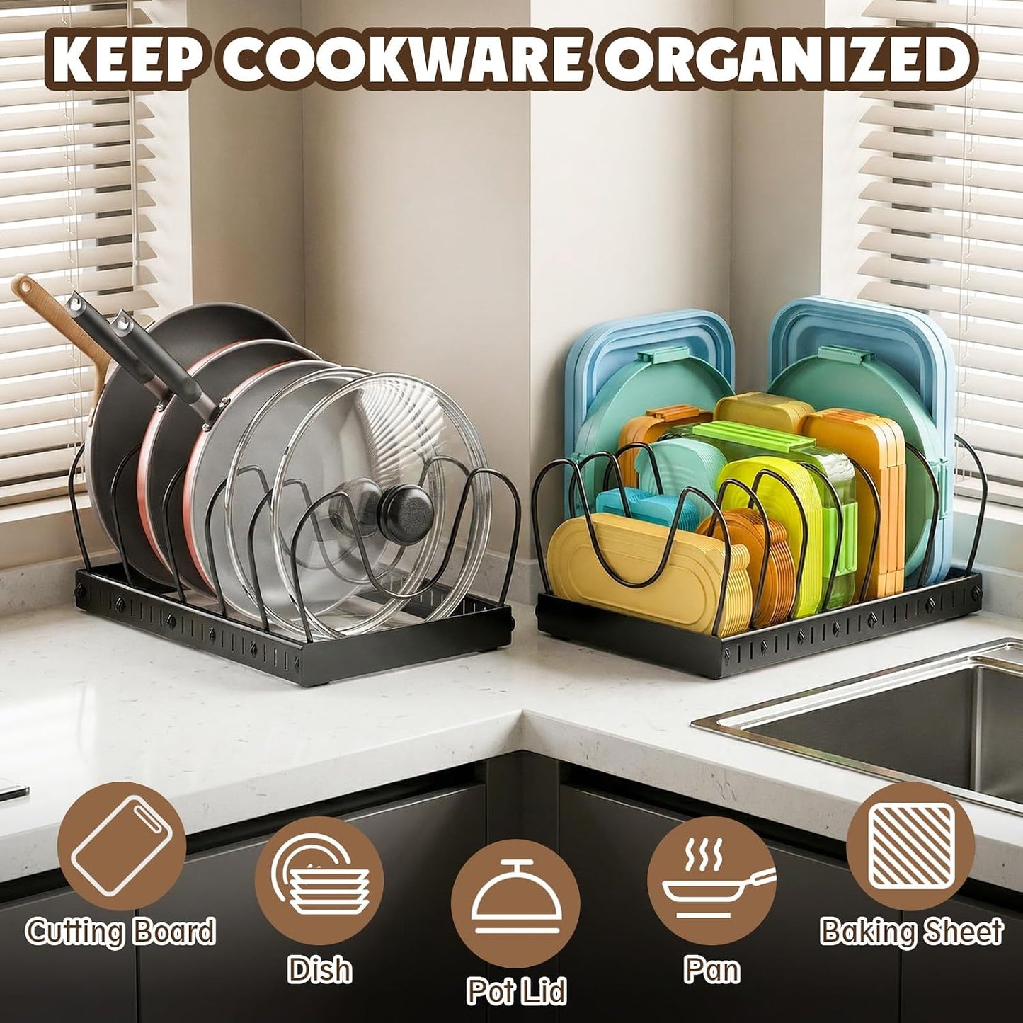 2PACK Pot Lid Organizers Inside Cabinet for Kitchen, Pots and Pans Organizer Under Cabinet with 16 Adjustable Dividers, Countertop Lid Holder, Rust-Resistant, Tool-Free Installation, Easy to Clean